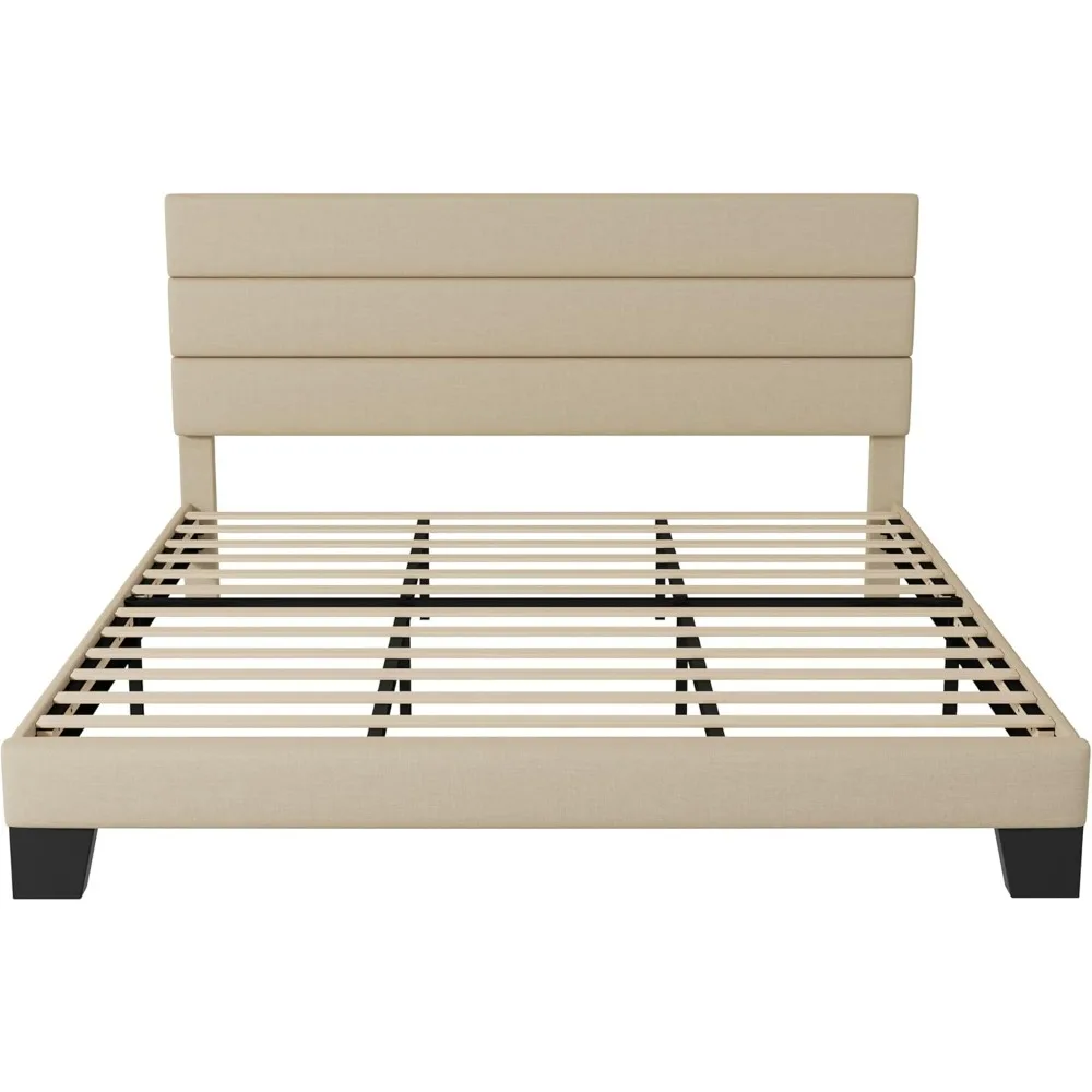 Extra large platform bed frame, cloth headboard and wooden Flat noodles support, no spring mattress, easy to assemble, beige