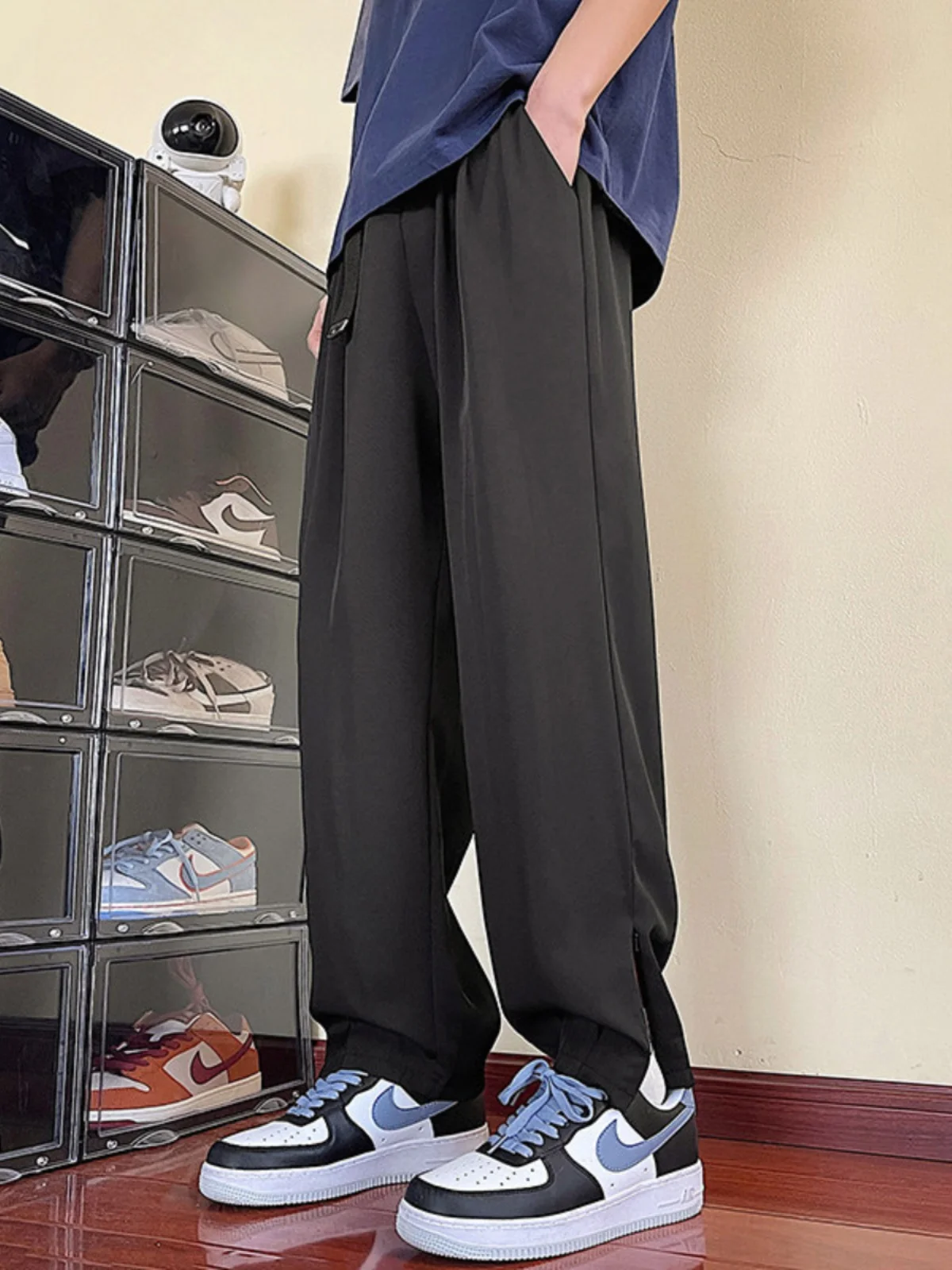 

Мужские летние тонкие брюки из ледяного шелка с боковой молнией, свободные, модные, повседневные, прямого кроя, в стиле Harlan