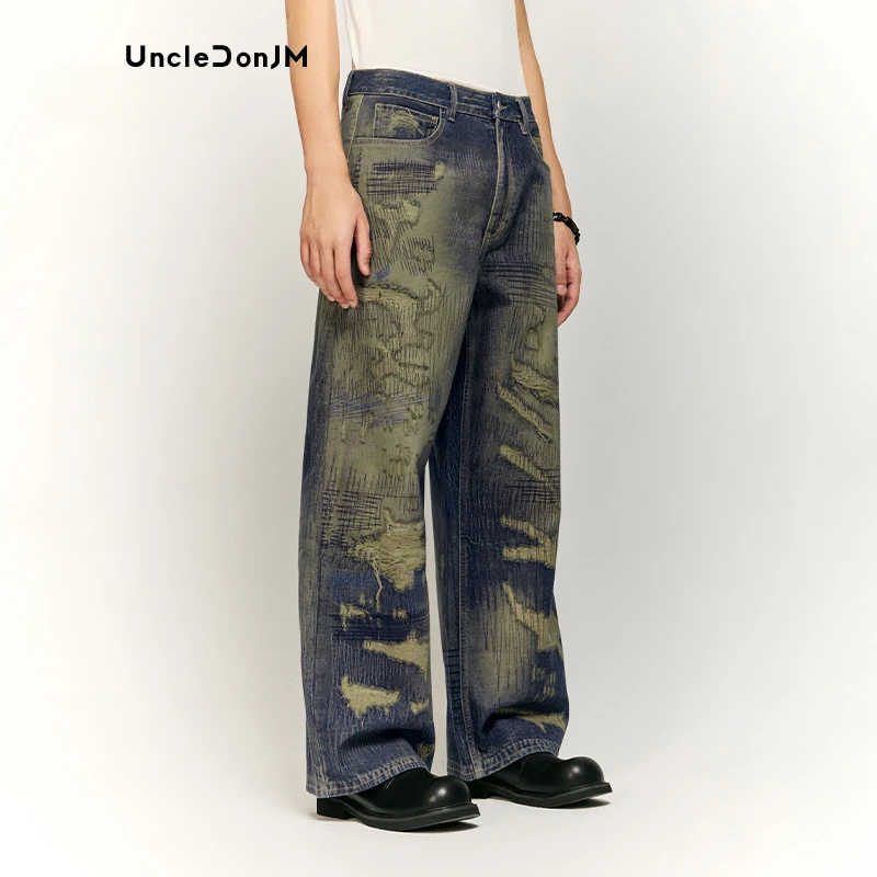 Washing Water Ripped Digital Printing Jeans Printed Denim Wide-leg Pants Men Clothing