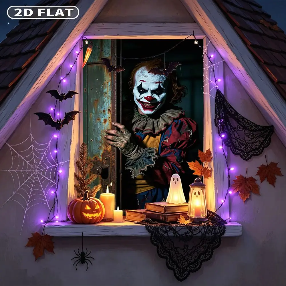 2D FLAT 1pc Party Window Cover Banner, with Scary Clown Face With Red Nose And Smile, No Power Need Home Decor