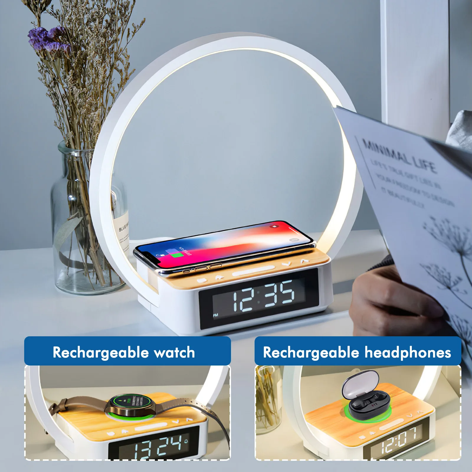 

Bedroom Decorative Lamp With Wireless Charger Night Light With Clock Alarm LED Dimming Table Lamps Learning Atmosphere Lights