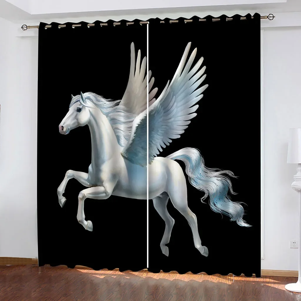 

HUANZHUANG Eyelet Curtains Lined Blackout Curtains For Living Room Bedroom White Animal Angel Horse Childrens Blackout Window