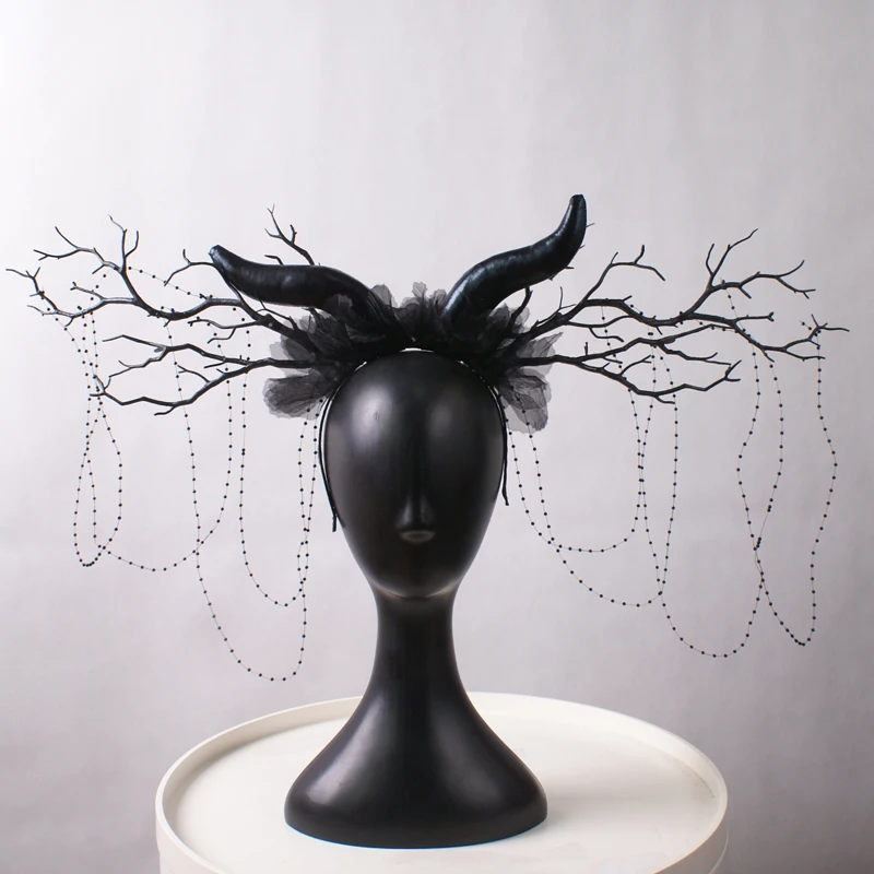 Forme de branche d'arbre de corne exagérée noire avec pompon, coiffure, style adulte, adapté à la scène, accessoires de photographie de spectacle, décoration