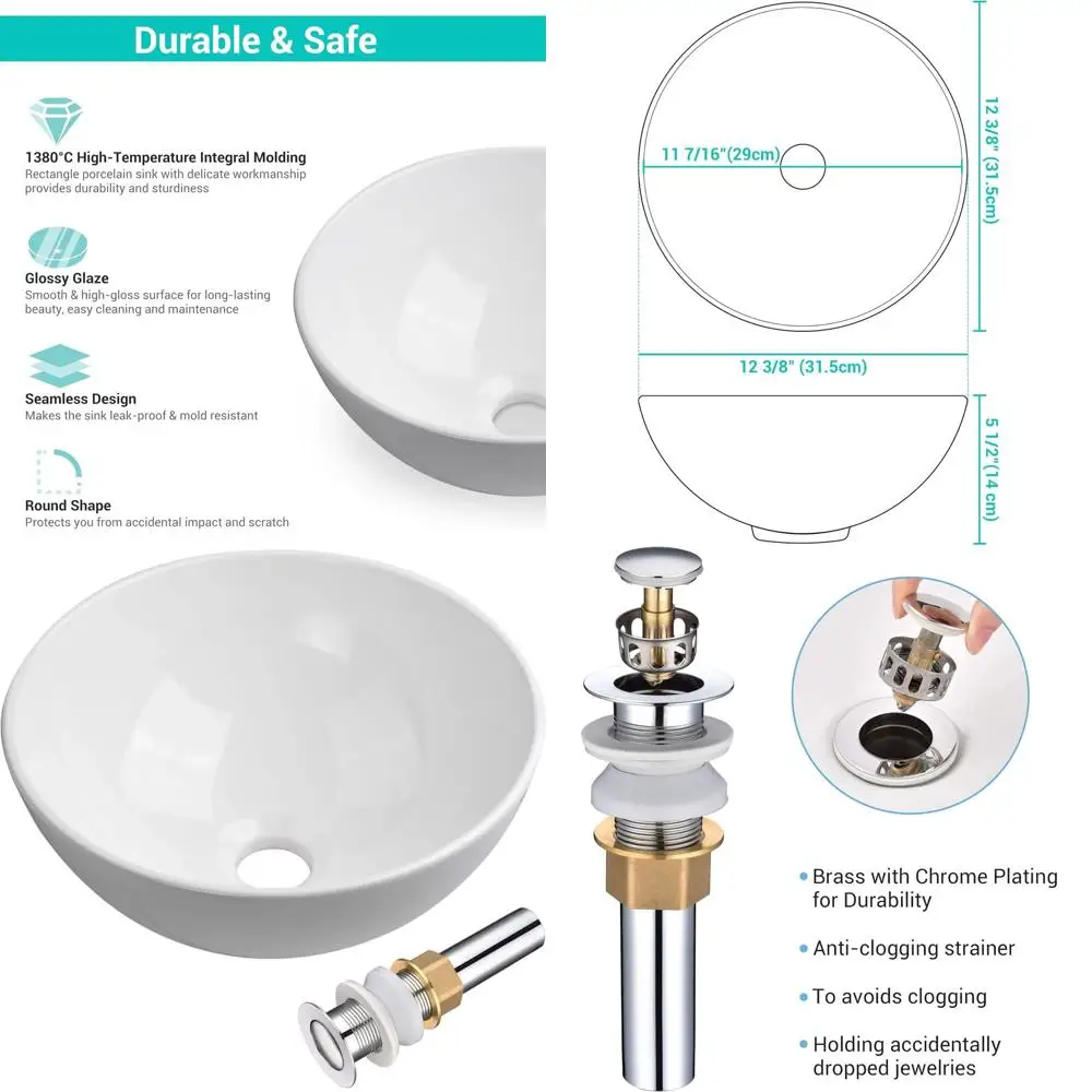 

Круглая фарфоровая раковина 12 дюймов с вырезом для установки на столешницу для минималистичной ванной комнаты или использования в автодомах