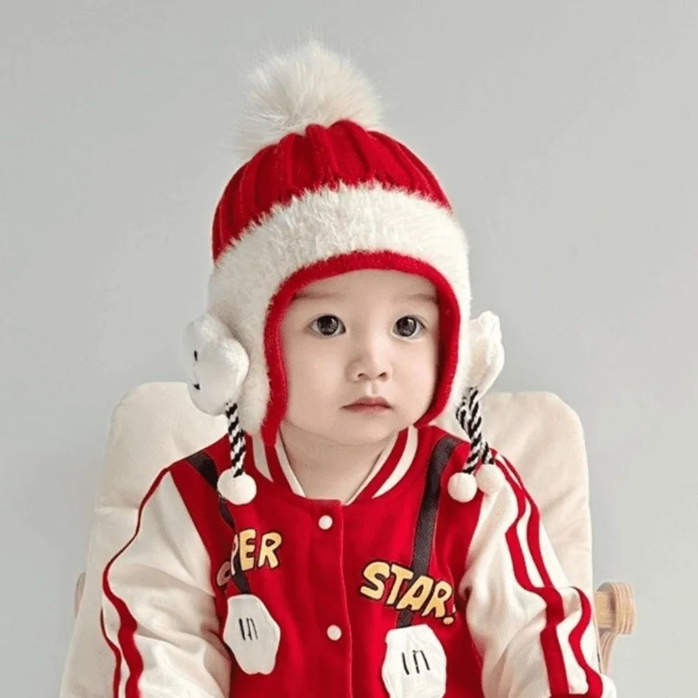 

New Warm Knitted Hat Windproof Coldproof Ear Protection Hat Cute Bear Pompom Beanie Hat for 0-3Y