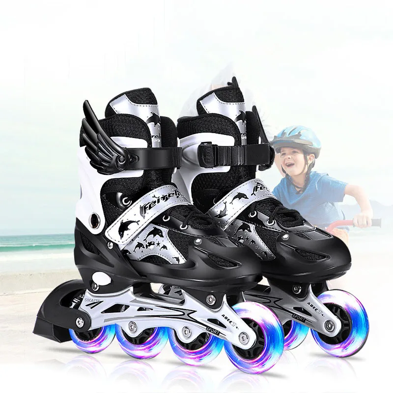 Ice Black Roller Skates Children\'s Adjustable Boys\' Retractable  Skating Shoes Set 8-12 Years Old Pulley illuminated