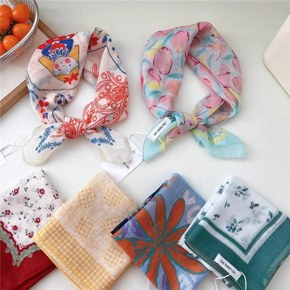 

French Pastoral Style Headband Cotton Linen Neck Scarves Flower Double Sides Headscarf 55cm Floral Print Square Scarf Hairband