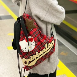 Sanrio Hello Kitty Cute Red Backpack Y2k Kawaii Star Plaid Drawstring Crossbody Bag Casual High Capacity Shoulder Bag For Women