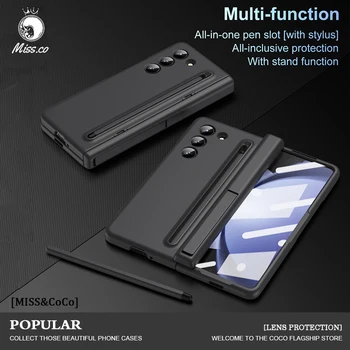 Luxury Fold Stand Phone Case For Samsung Galaxy Z Fold 6 4 5 Shell Official Pen Matching Elastic Skin Feel Hard PC Holder Covers