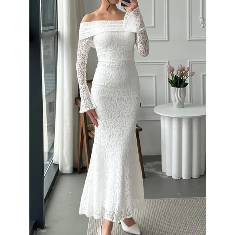 

Американское элегантное стильное длинное платье с длинными рукавами и рукавами-колокольчиками на одно плечо