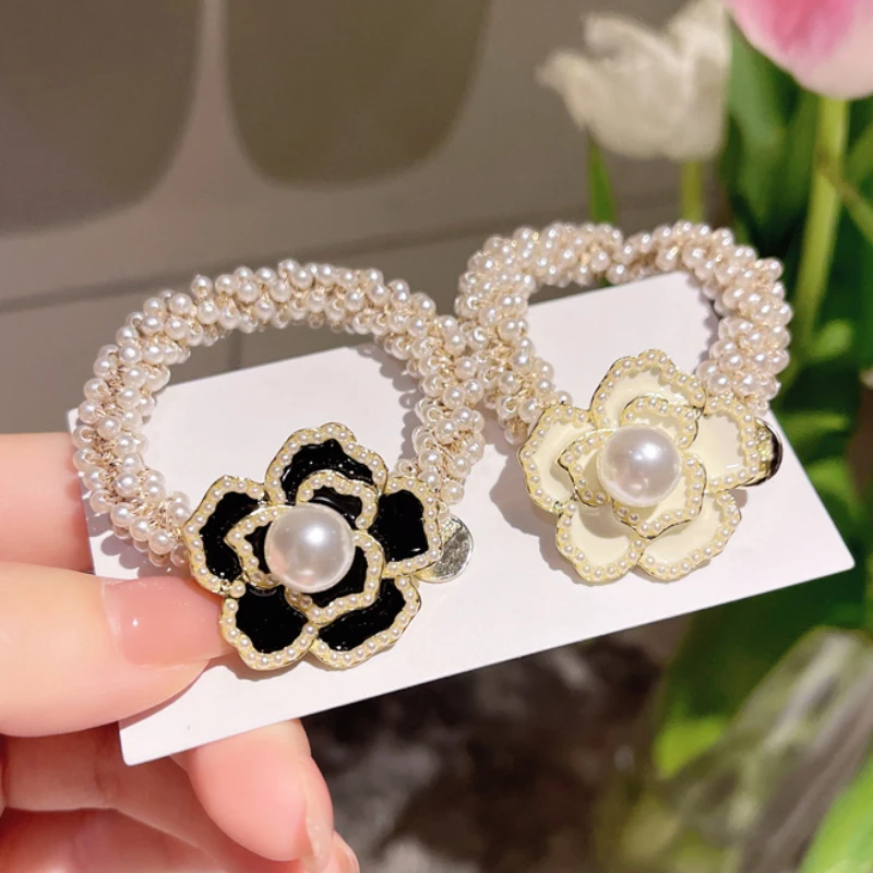 Fashion Rhinestone Hair Tie Simple Ins Camellia Flower Rope Pearl Ring Girl Head Ties  Rubber Band Accessories for Women