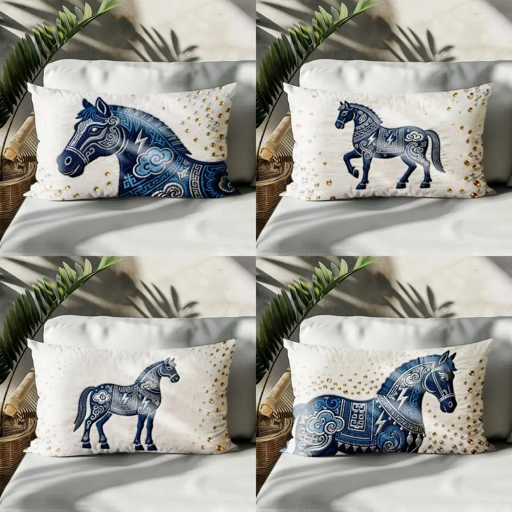 2D Stylish Blue Horse Pattern Pillow Suitable For Sofa Bedroom Car Pillow Cover Cushion Rectangular Back Cushion