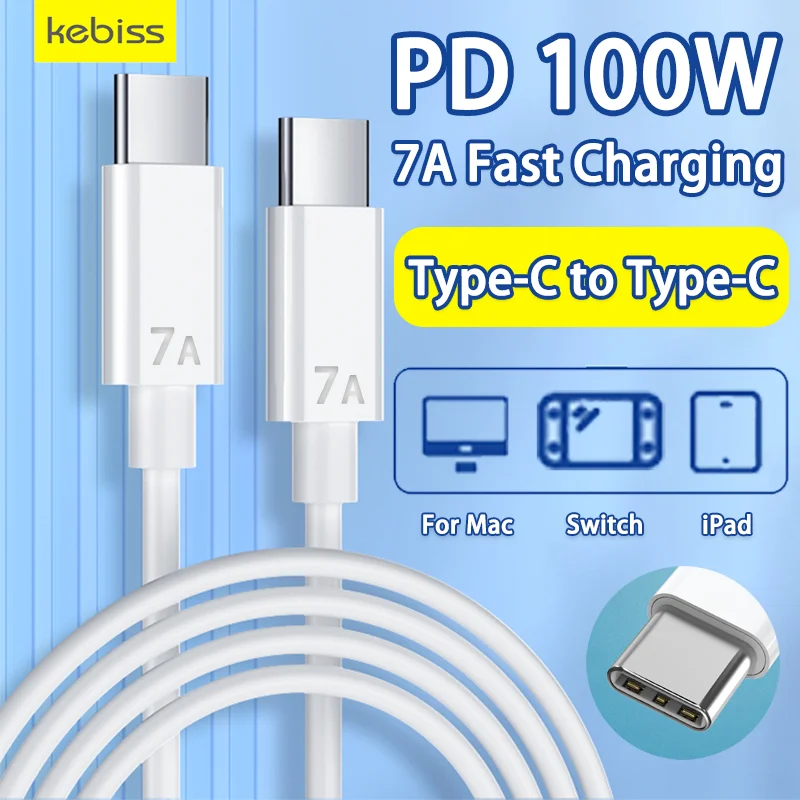 Cable de carga rápida USB C a tipo C para Samsung S21, Xiaomi, Refmi, MacBook Pro, iPad Pro, iPhone, 100W, 7A
