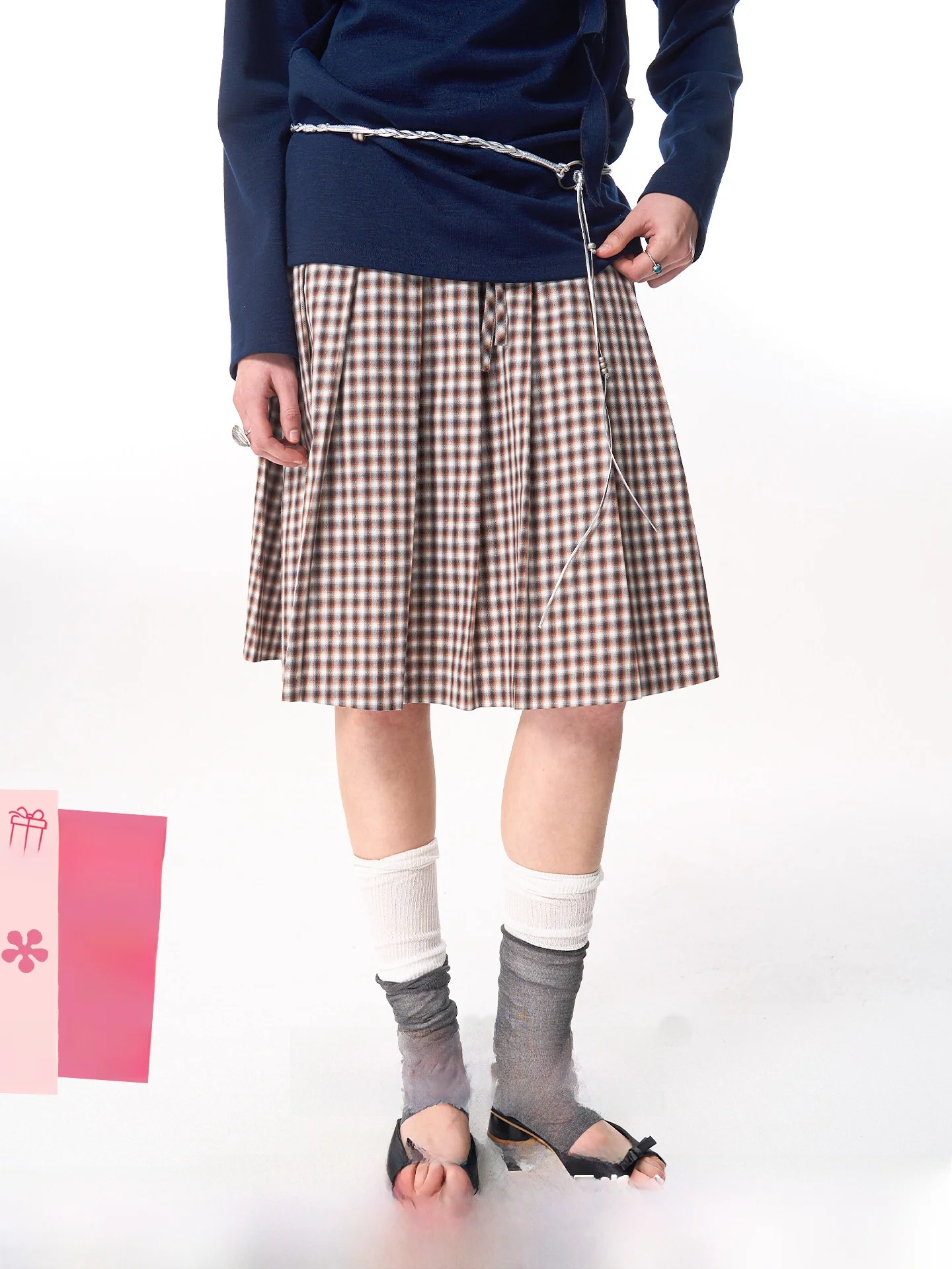

HSUSE Original Design Drawstring Classic Plaid Pleated Skirt Women's Spring Fashion Artistic Style Cotton Gored Skirt
