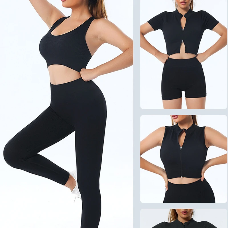 NORMOV Zipper Gym Set 1/2/3 PCS Yoga Sets Seamless Workout Suit Sport Suit Sexy Short Long  Tops High Waist Legging Shorts