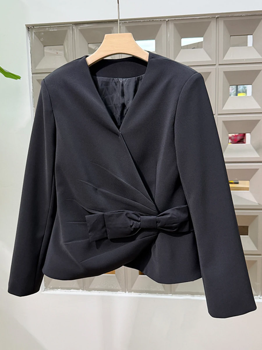 TWOTWINSTYLE Eleganckie marynarki damskie z kokardą, dekolt w serek, długi rękaw, patchworkowe, marszczone, krótkie marynarki damskie, nowość