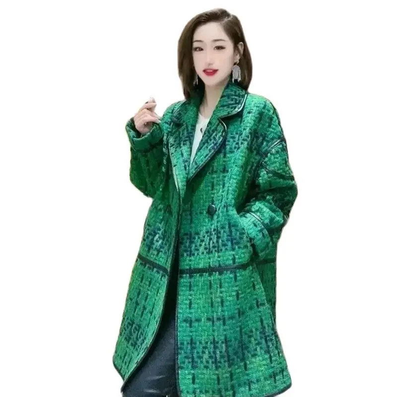 

High-End Green Tweed Woolen Coat Femme 2023 New Women Woolen Outcoat Autumn Winter Length Windbreaker Outerwear Female