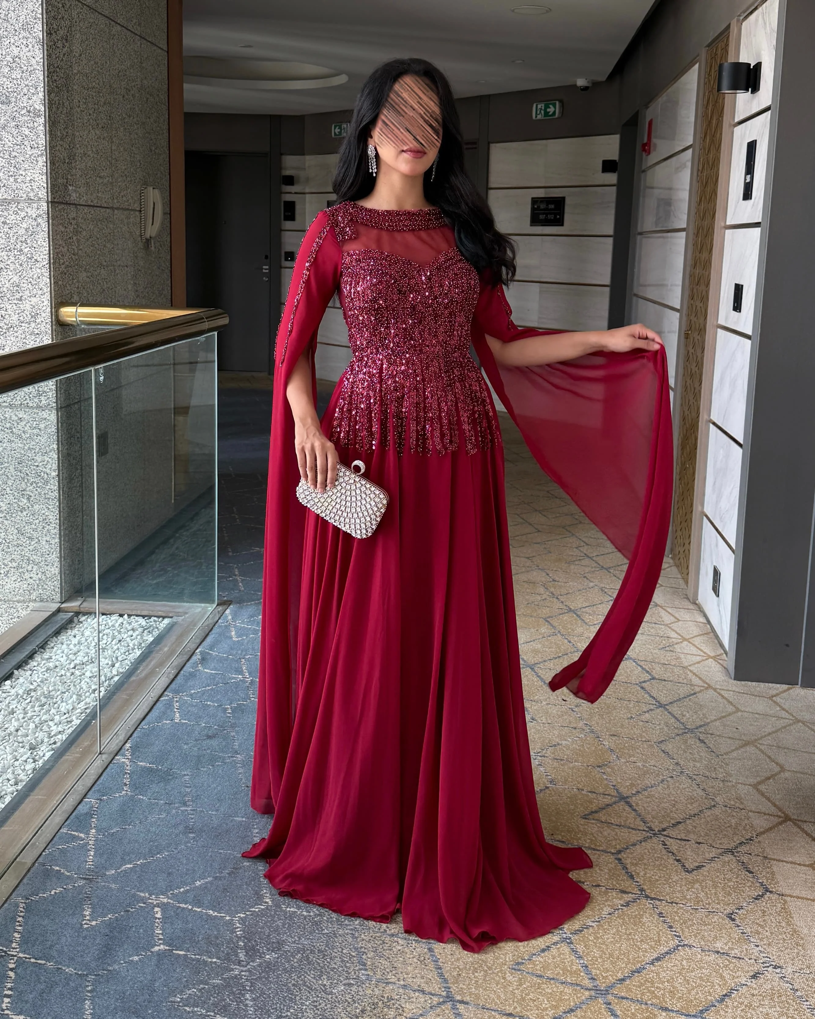 Customized Burgundy Cape Sleeve Rhinestone Chiffon Evening Dress Illusion Neck Sparkle Bodice Flowy Gown Formal Banquet Prom