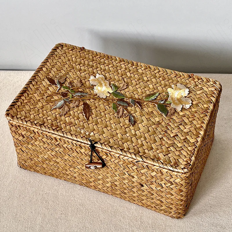 Retro Wicker Weave Storage Box Bedroom Desktop Jewelry Organizer Manual Craft Decal Decorative Gift Boxes Home Decoration