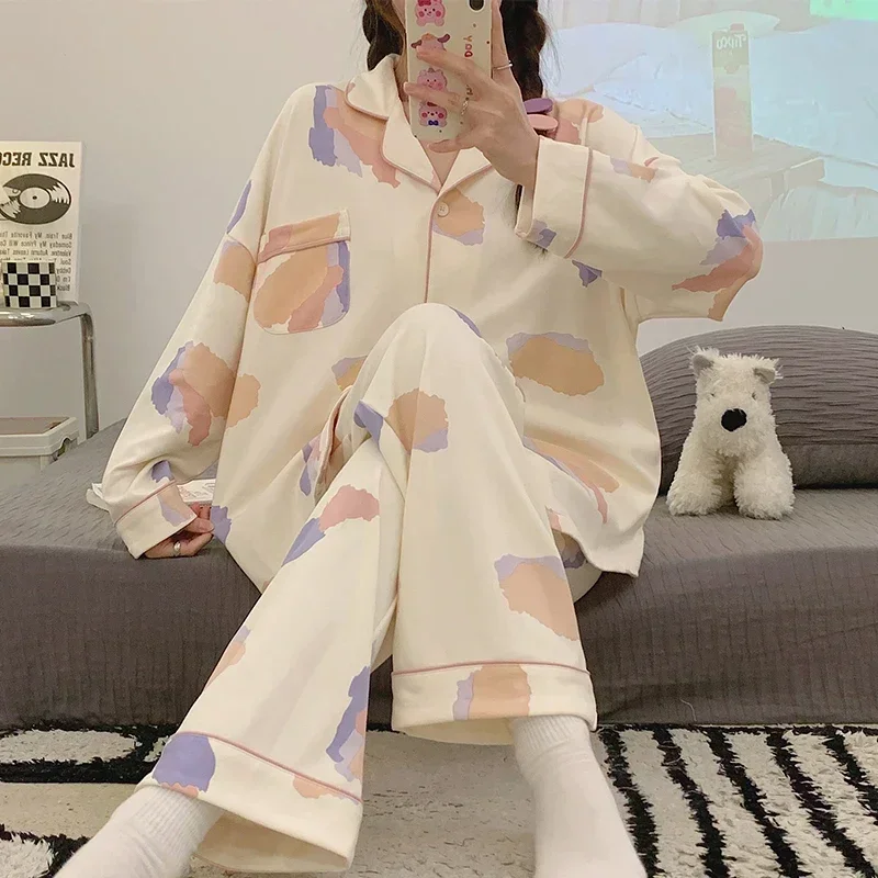 Spring Autumn Knttted Cotton Women\'s Pajamas Sets Turn-down Collar Homesuits Cartoon Sleepwear Girls Homewear Chic Woman Pijamas