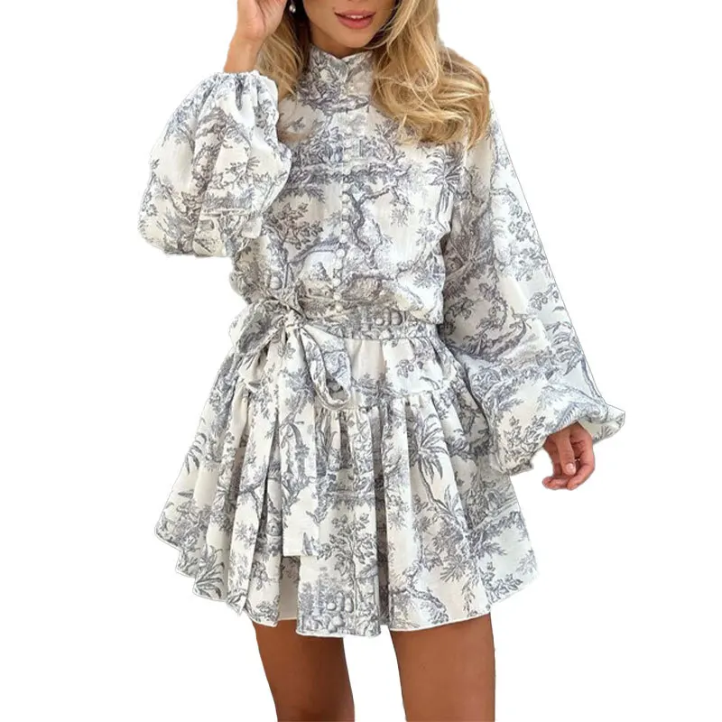 Retro Print Folds Mini Dress Women Elegant Lace Up Long Sleeve Ruffle Dresses Female High Street Fashion Bandage Dress Woman