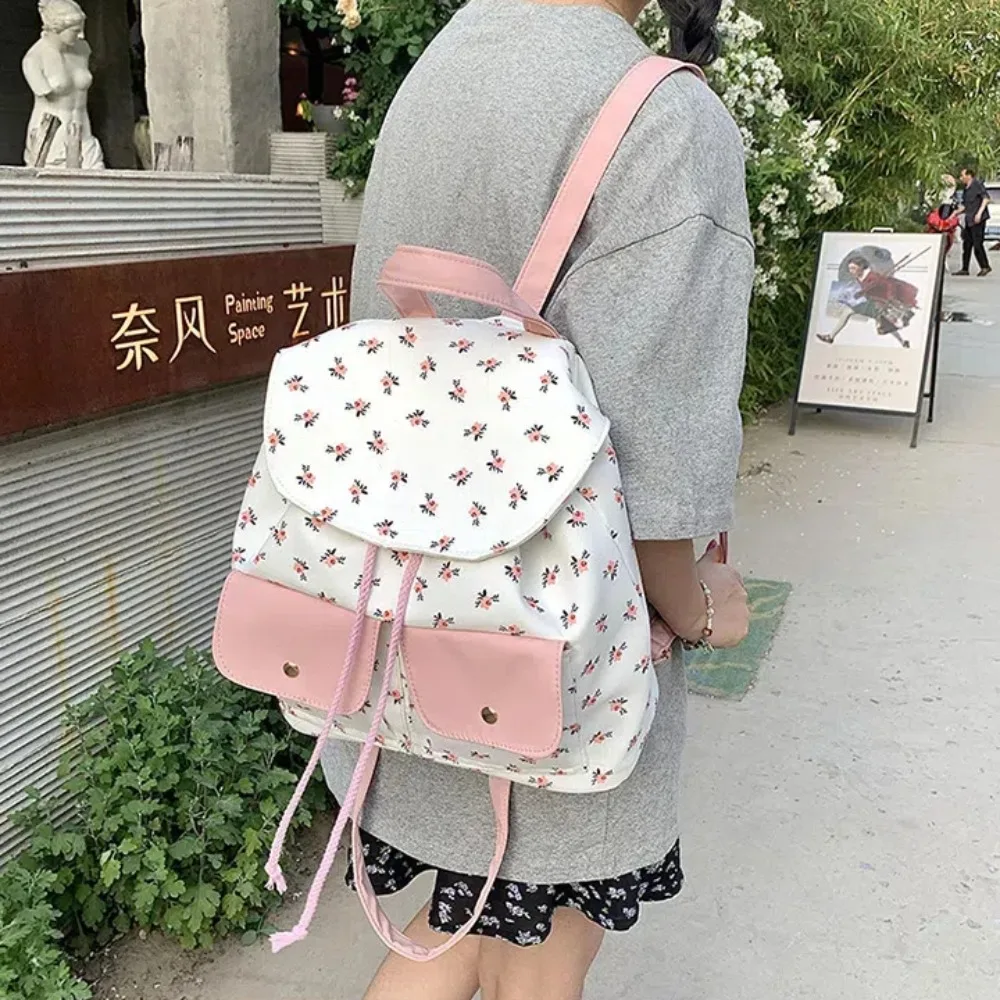 Mochila de lona con patrón de flores para niñas, bolsa de libros con cordón de gran capacidad, mochila de nailon para exteriores, moda