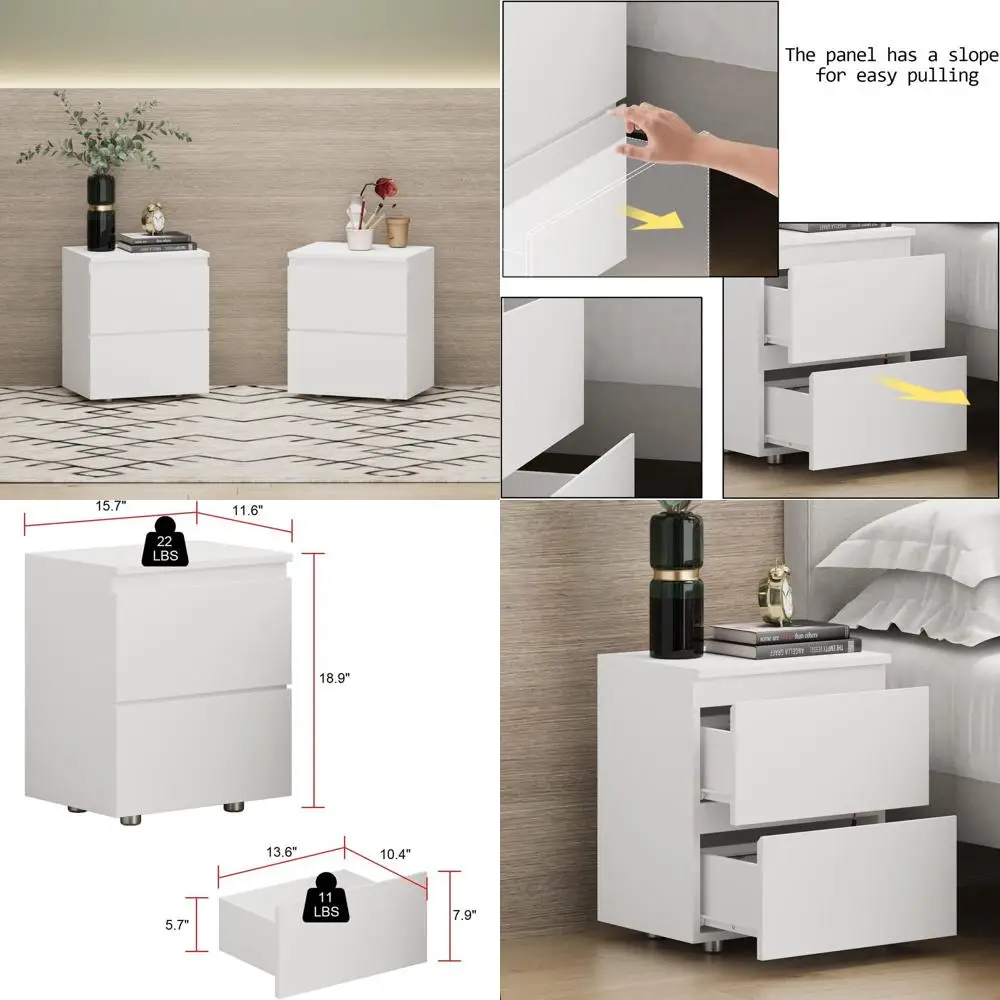 Modern White Wooden Nightstand with 2 Drawers, 15.7W x 18.9H, Handleless Bedside Storage