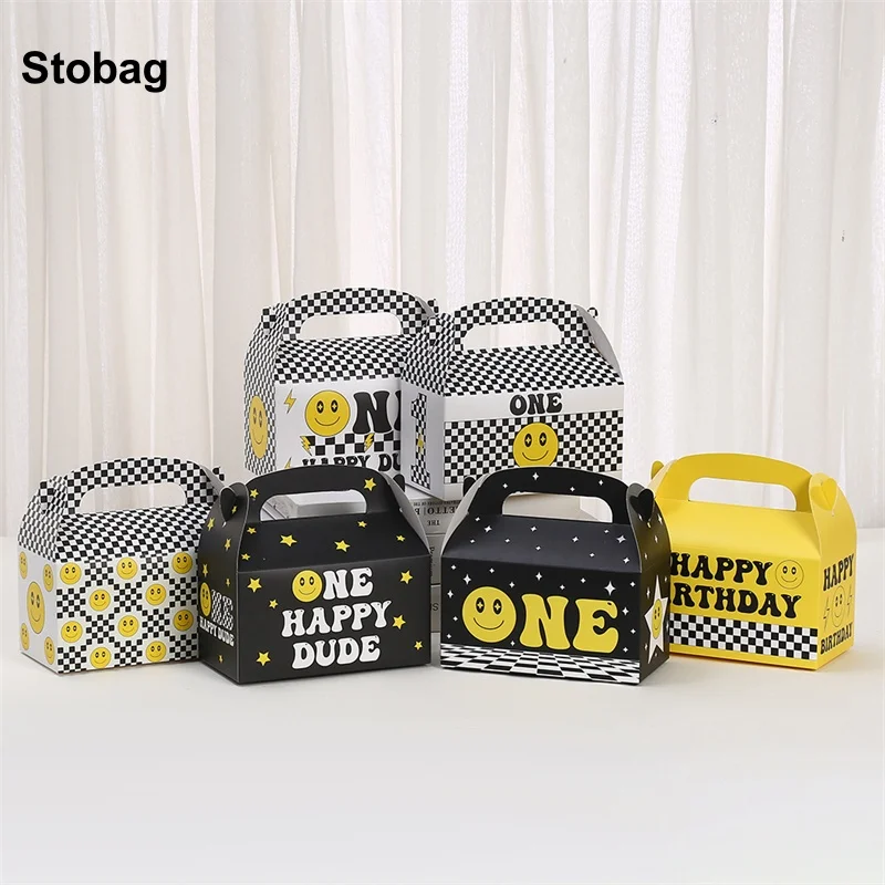 

StoBag 12/24pcs Cartoon Yellow Smile Kraft Paper Gift Tote Box Kids Packaging for Cake Candy Storage Baking Birthday Party Favor