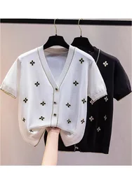 New Fashion Women V-neck Elegant Sweater Cardigan Chic Four Leaf Grass Short Sleeve Autumn Fashion Soft Ice Silk Thin Knit Tops