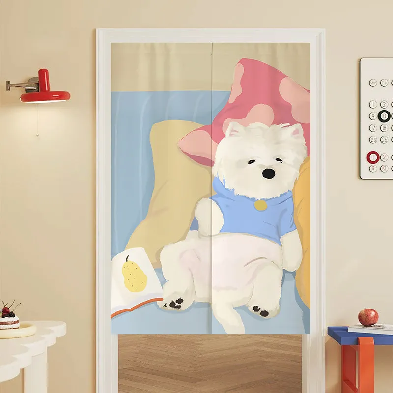 VIKAMA Lazy Puppy Print Noren Curtain Cute Style Privacy Curtain Kitchen Nursery Room Entrance Partition Home Decor