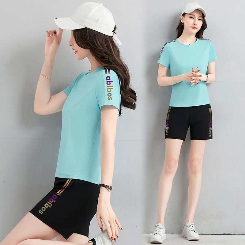 

Ice Silk Sports Running orts Set Women's Summer Faionable Qui Dry ort Sve Two Piece Set round Ne Regular Length