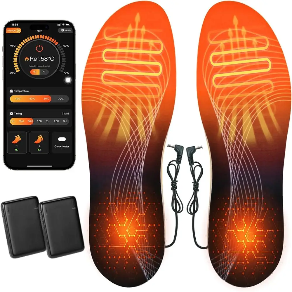 

USB Rechargeable Heated Insoles for Men & Women, Adjustable Temperature Control via APP, Comfortable for Outdoors and Winter (Si