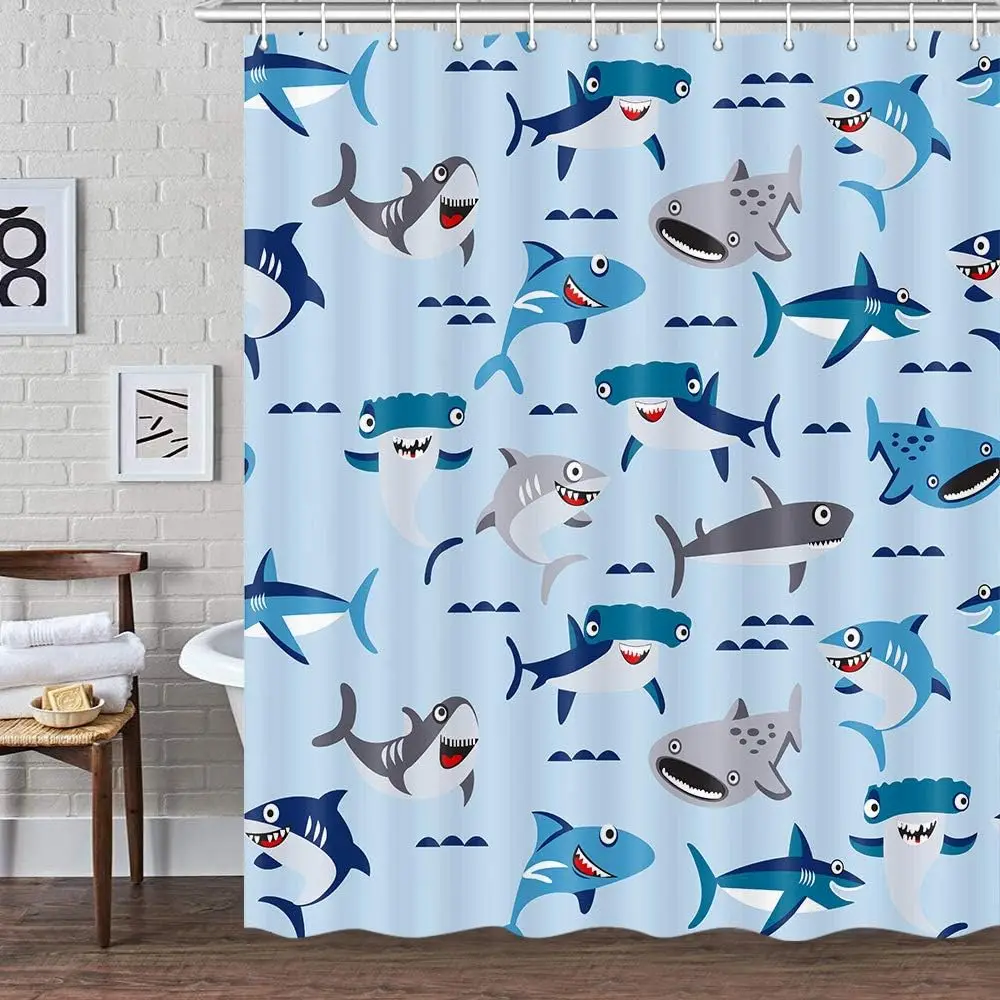 

Милая детская занавеска для душа с изображением акулы для ванной комнаты, набор тканевых занавесок для душа с изображением океана и рыбы под морскими животными для мальчиков