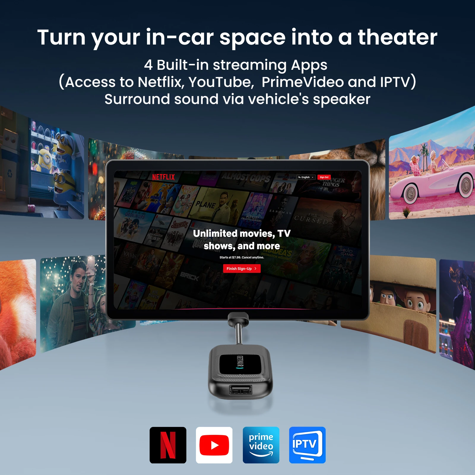 Getpairr Play2Video Ultra Wireless Carplay Android Auto Adapter dengan Youtube Netflix Terintegrasi, Kotak Video untuk VW Benz Ford 99% Mobil