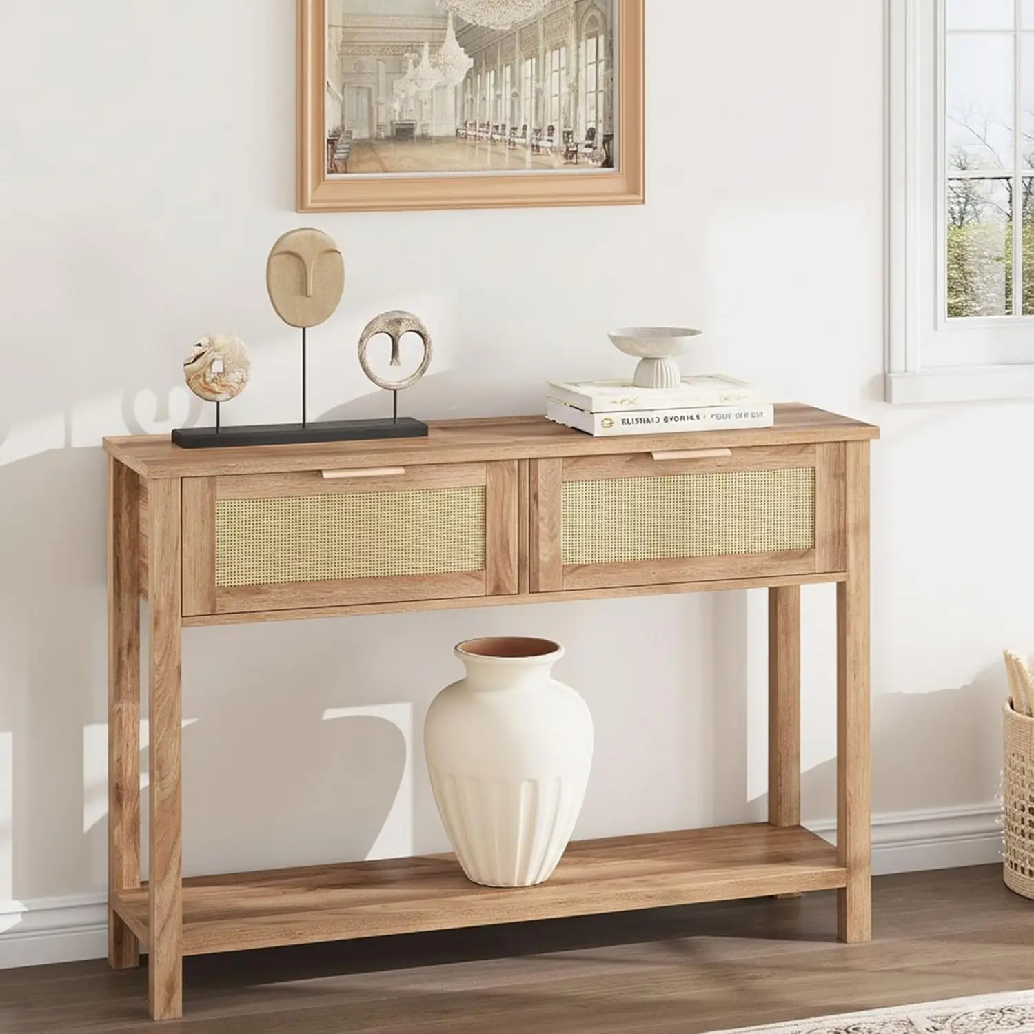 

Rattan Entryway Table with Drawers, 2 Tier Wood Console Table with Storage, Modern Hallway Table for Entryway, Living Room, Hall