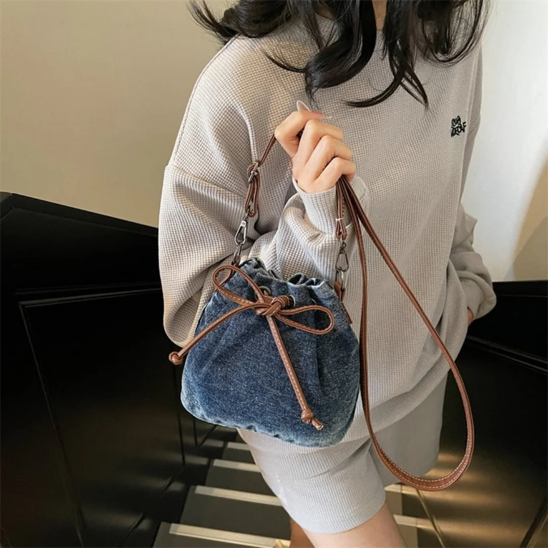 

Fashion Retro Korean Denim Bag Women'S Shoulder Bag Versatile Large Capacity Bucket Bag Drawstring Crossbody Bag