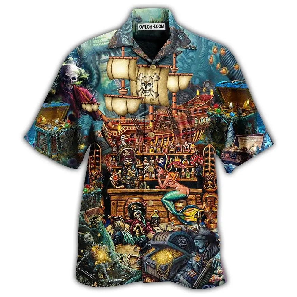 

New Men's Casual Shirts Pirate Ship Treasure Printed Short Sleeve Men's Summer Tops US Size Cuban Collar