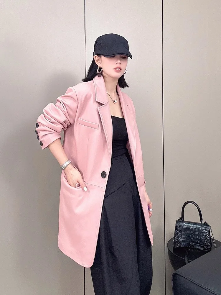 Elegant Office Ladies Genuine Leather Suit Jacket Single Button Loose Fit High Waist Medium Long Fashion Women Sheepskin Coat