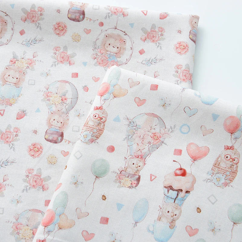 100%Cotton Pastoral Flowers Hot Air Balloon Lion Owl Digital Printing for Sewing DIY Handmade Muslin by Half Meter