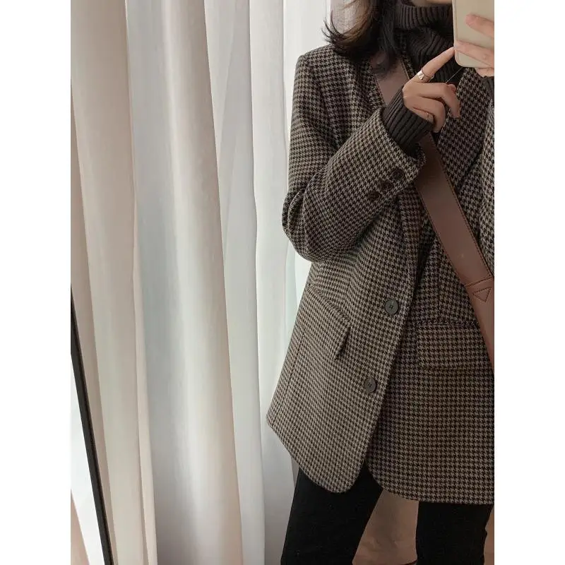 Khaki Plaid Woolen Suit Jacket Women's Loose Slimming Korean Style Autumn Winter New Arrival Fashion plus Size Polyester Fiber