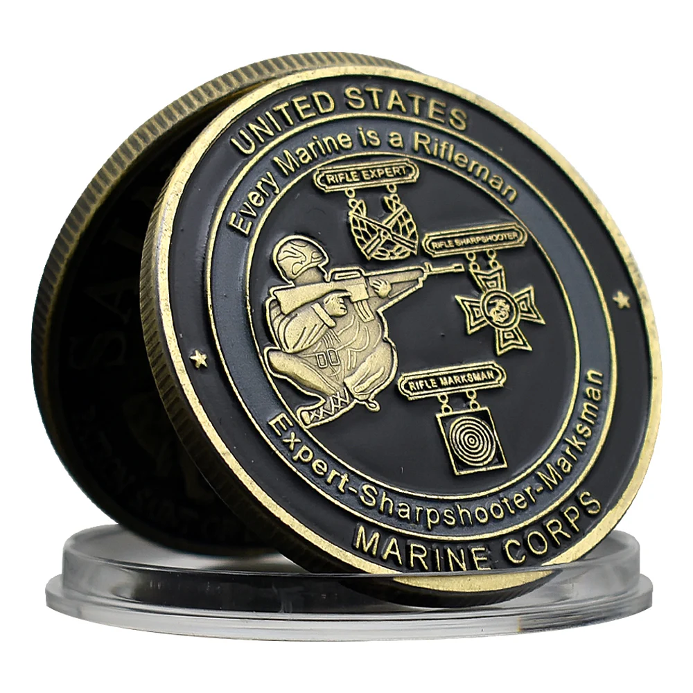 United States Marine Corps Retro Bronze Coin Military Soldier Sniper Commemorative Medal with Plastic Case Art Crafts