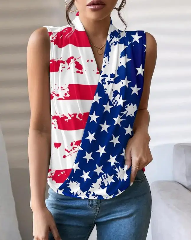 Women Fashion Leader Vest 2024 Spring Summer Latest Chic Floral Print Ruched V-Neck Sleeveless Wrap Tank Top Casual V-Neck Sling