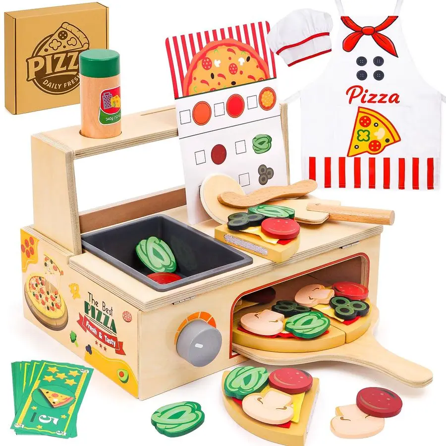 

Pizza Toy, Montessori Pretend Play Toys, Wooden Pizza Counter Playset, Play Food and Accessories, Cooking Pretend Play Toys for