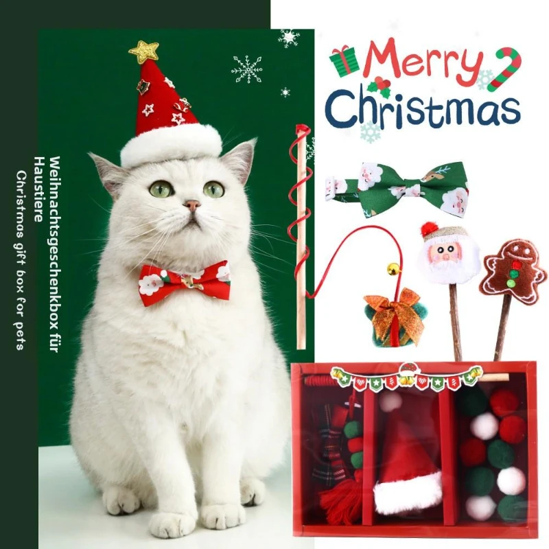 

Pet Santa Claus Tree Hat Collar Collar Cat Tweezers Plush Teething Squeak Interactive Toy Set Box