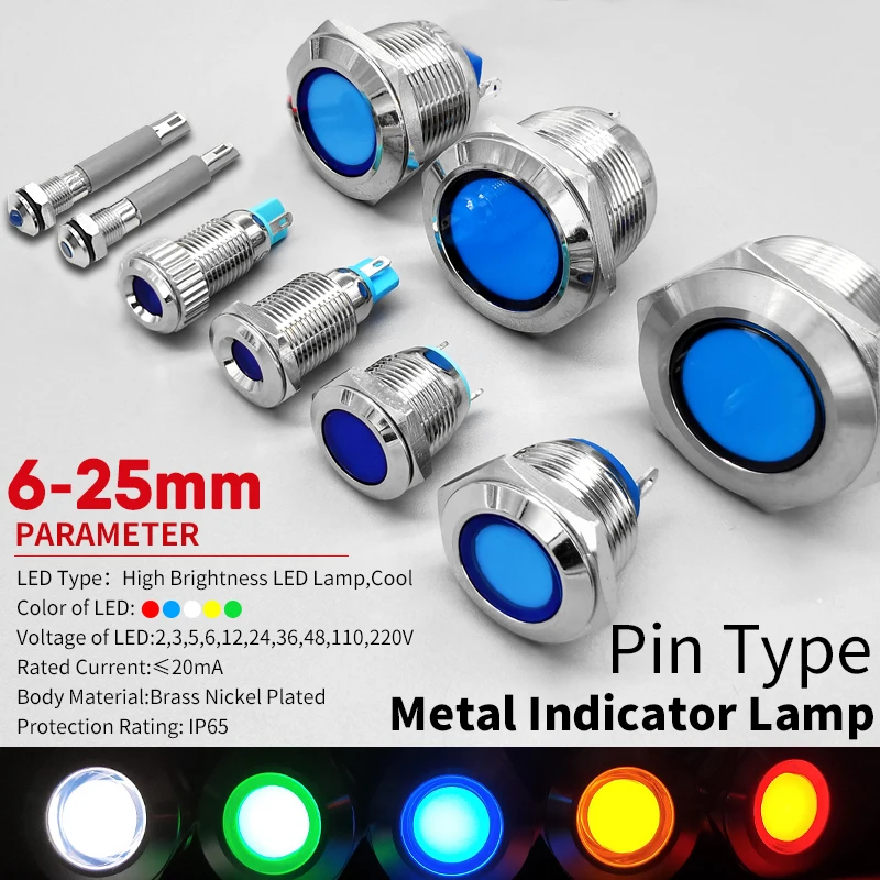 1pc 6 8 10 12 16mm Waterproof IP67 Metal LED Warning Indicator Light Signal Lamp Pilot Wire 3V 5V 12V 24V 110V 220V