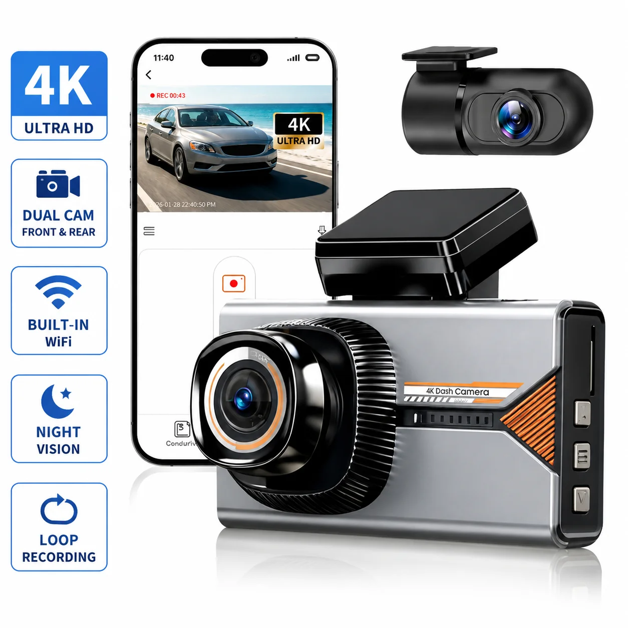 

Dual 4K+4K Dash Cam GPS Front And Rear Camera Built-in WiFi Night Vision Dash Camera for Cars Loop Recording G-Sensor Black Box