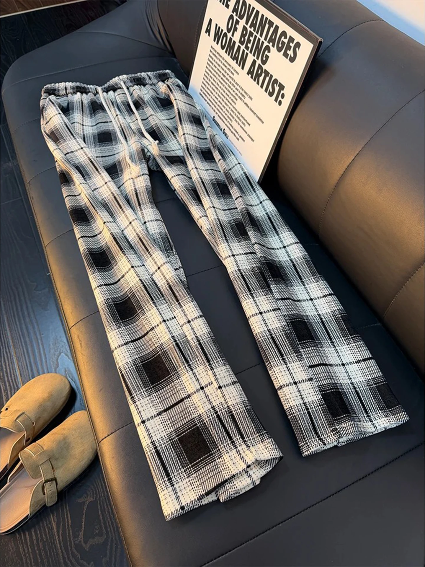 

Мужские зимние утепленные брюки в американском ретро-стиле, черно-белые в клетку, широкие, прямые, свободные, повседневные, модные, молодежные