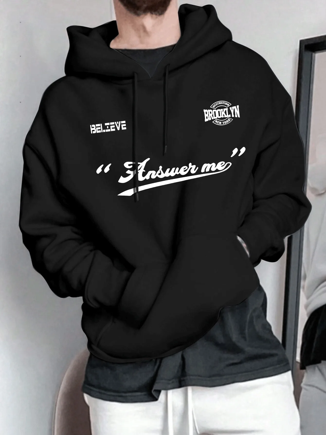 Brooklyn Letter Printed Mens Fleece Hoodies Warm Winter Athletic Sportswear Sweatshirt Casual Loose Workout Pullover Top