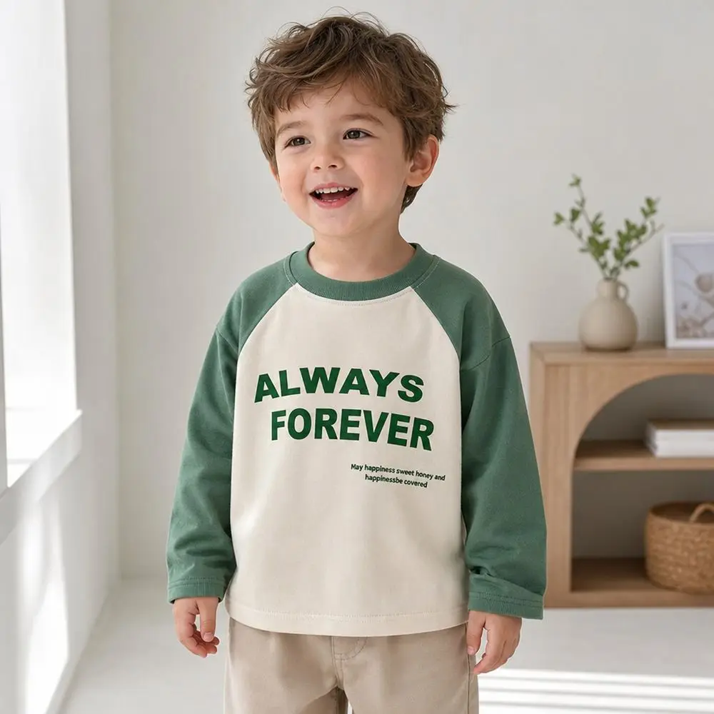 New Cotton Kids T-shirt Crew Neck Printed Children Pullover Top Long Sleeve Long Sleeve Top Daily Wear