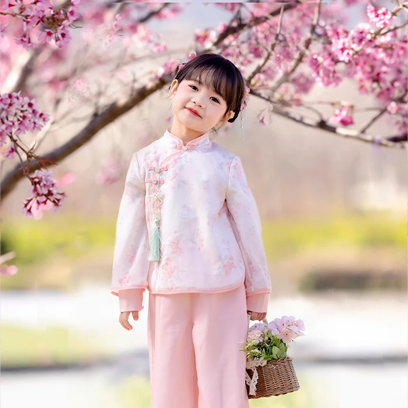 Chinese Style Hanfu Girls\' Party Dresses Spring Clothes Cloud Shoulder Jacket Dress Ancient Costume for Little Girls